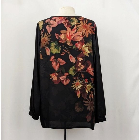 Linea Louis Dell'Olio Peasant Top Black Sheer Floral Print Placement Size M - Picture 5 of 8